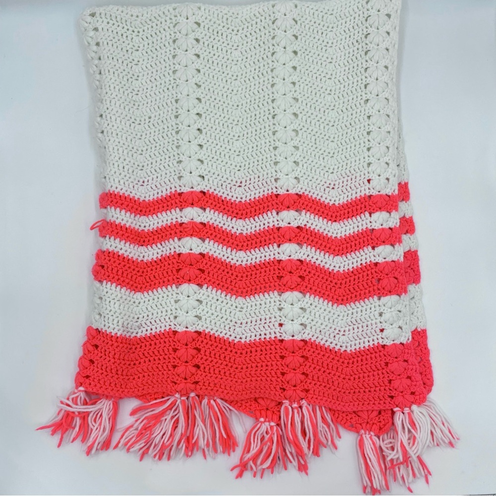 Handmade Afghan Lap Blanket White Bright Pink Crochet 46" X 59" Tassels Fringe